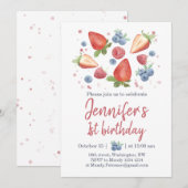 Summer Sweet Berry Strawberry 1st Birthday Invitat Kaart (Voorkant / Achterkant)