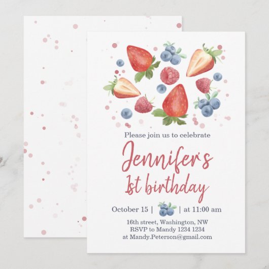 Summer Sweet Berry Strawberry 1st Birthday Invitat Kaart (Voorkant / Achterkant)