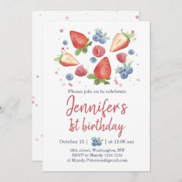 Summer Sweet Berry Strawberry 1st Birthday Invitat Kaart