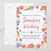 Summer Sweet Berry Strawberry 1st Birthday Kaart (Voorkant / Achterkant)