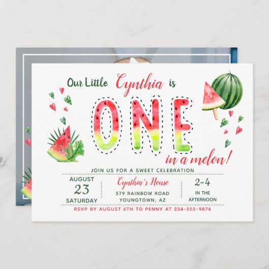 Summer Sweet Watermelon First Birthday Foto Kaart (Voorkant / Achterkant)