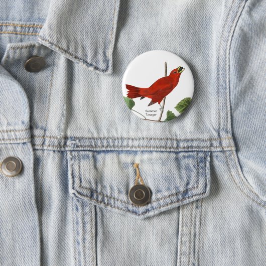 Summer Tanager, Audubon Red Bird, Birdwatcher Bird Ronde Button 5,7 Cm (In situ)