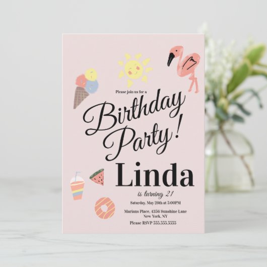 Summer Thmet Birthday Hand Drawn Doodles Kaart (Staand voorkant)