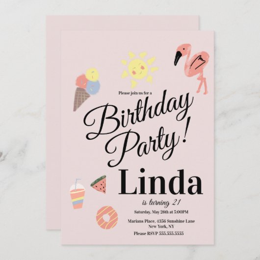 Summer Thmet Birthday Hand Drawn Doodles Kaart (Voorkant / Achterkant)