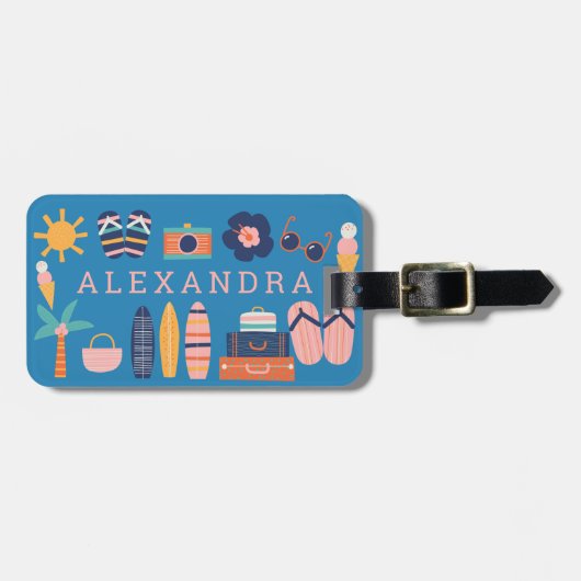 Summer Travel Theme Cute Blue, op maat gemaakt Bagagelabel (Voorkant horizontaal)