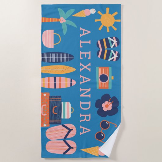 Summer Travel Theme Cute Blue, op maat gemaakt Strandlaken (Voorkant)