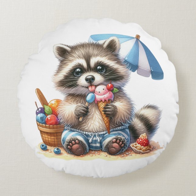 Summer Treats Racoon Rond Kussen (Voorkant)