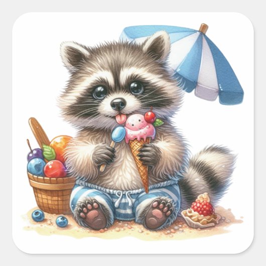 Summer Treats Racoon Vierkante Sticker (Voorkant)