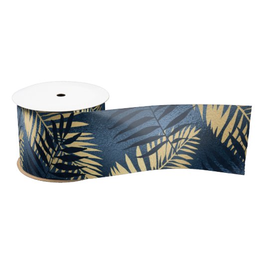 Summer Tropical Blue Palm Leaves Pattern Satijnen Lint (Spoel)