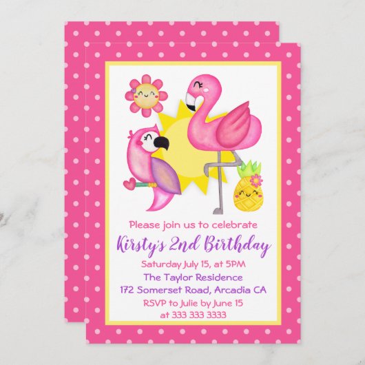 Summer Tropical Flamingo & Parrot Birthday Kaart (Voorkant / Achterkant)