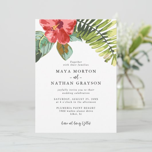 Summer Tropical Flower Palm Leaf Wedding Kaart (Staand voorkant)