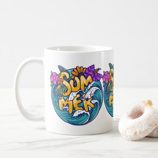 Summer Tropical Flowers Beach Ocean Waves Koffiemok (Met donut)