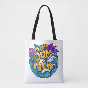 Summer Tropical Flowers Beach Ocean Waves Tote Bag