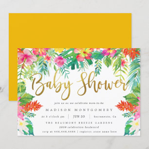 Summer Tropical Hibiscus Foliage Gold Baby shower Kaart