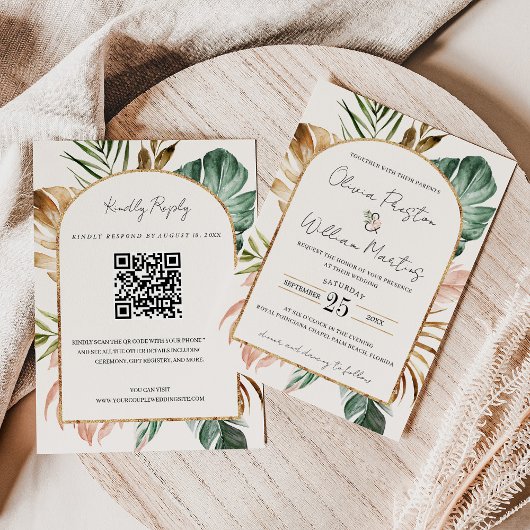 Summer Tropical Leaves Arch QR Code RSVP Weddensch Kaart