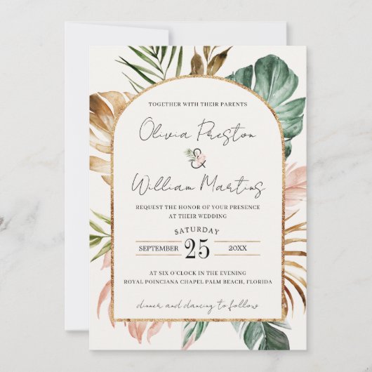 Summer Tropical Leaves Arch QR Code RSVP Weddensch Kaart (Voorkant)