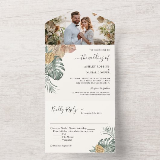 Summer Tropical Palm Leaves Weduwfoto All In One Uitnodiging (Binnen)