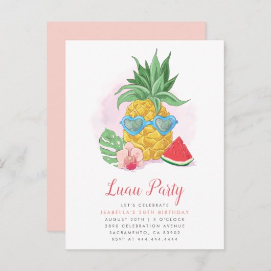 Summer Tropical Pineapple Luau Party Birthday Uitnodiging Briefkaart (Voorkant / Achterkant)