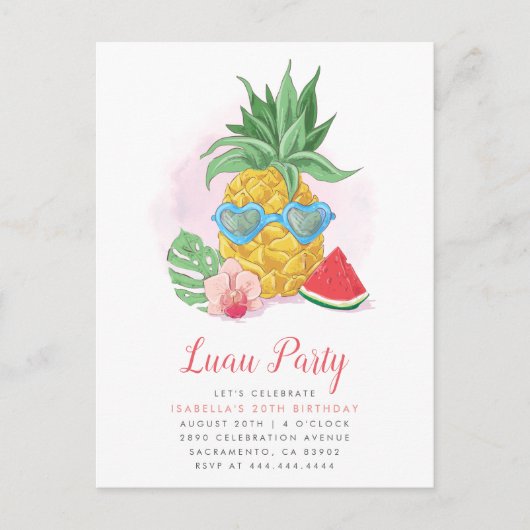 Summer Tropical Pineapple Luau Party Birthday Uitnodiging Briefkaart (Voorkant)