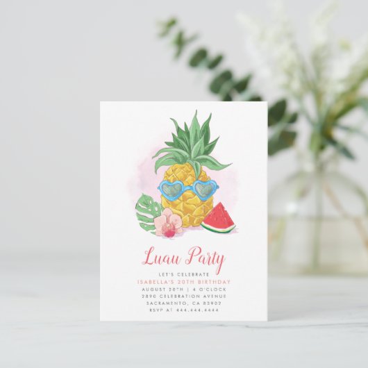 Summer Tropical Pineapple Luau Party Birthday Uitnodiging Briefkaart (Staand voorkant)