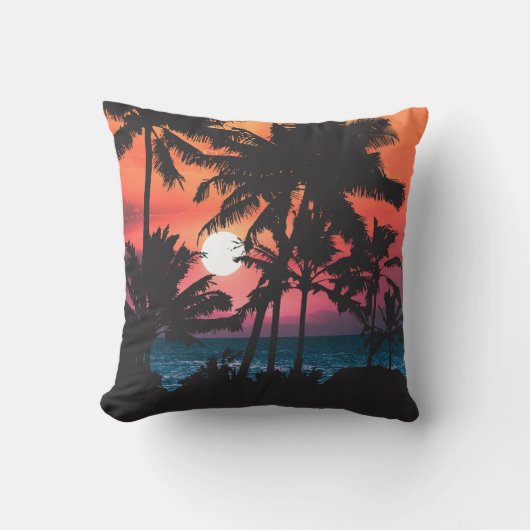 Summer Tropical Pink Oranje Palm Trees Sunset Buitenkussen (Voorkant)