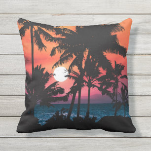 Summer Tropical Pink Oranje Palm Trees Sunset Buitenkussen