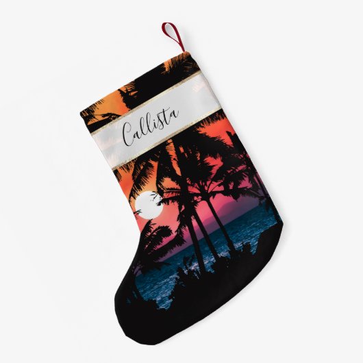 Summer Tropical Pink Oranje Palm Trees Sunset Kleine Kerstsok (Achterkant (Hangend))