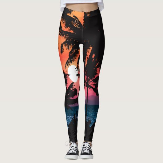 Summer Tropical Pink Oranje Palm Trees Sunset Leggings (Voorkant)
