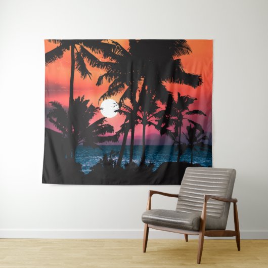 Summer Tropical Pink Oranje Palm Trees Sunset Wandkleed (In Situ (horizontaal))