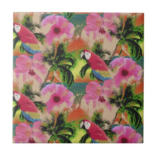 Summer Tropical Sunset Beach Parrot Tegeltje (Voorkant)