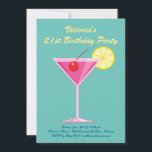 Summer Turquoise 21st Birthday Party Invitation Kaart<br><div class="desc">Deze kleurrijke uitnodiging voor verjaardagsfeestjes is voorzien van een leuke roze cocktail op een felblauwe, groene achtergrond, waardoor het perfect is voor de zomer, tropisch, luau of poolside 21st Birthday Party. Het is gemakkelijk om met uw eigen details en leeftijd aan te passen; nochtans, als u hulp of extra coördinerende...</div>