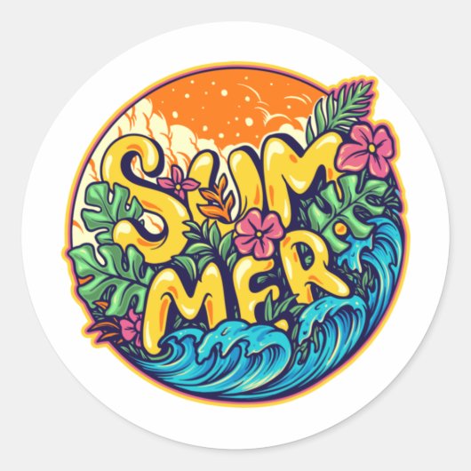 Summer Typographic Tropical Waves Ronde Sticker (Voorkant)