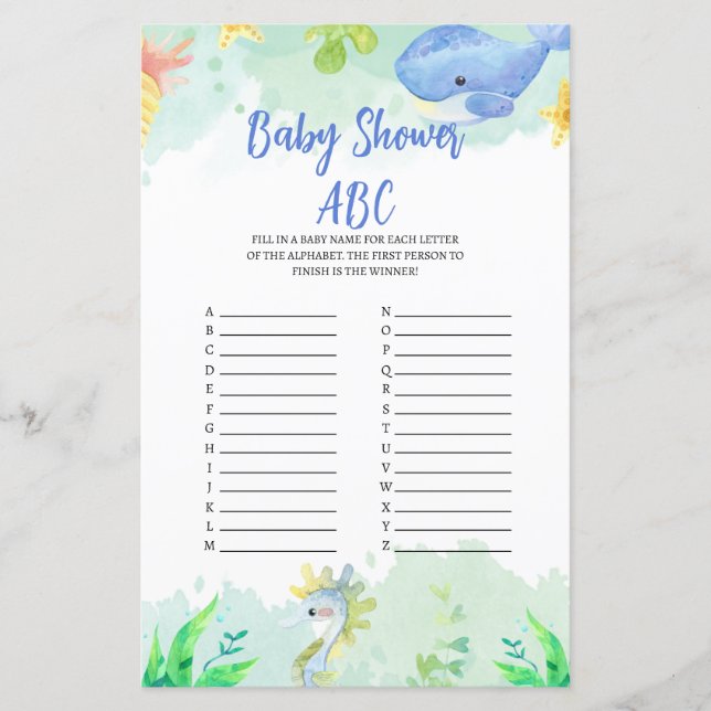 Summer Under the Zee Baby shower Game ABC (Voorkant)