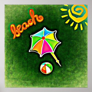 Summer Vacation Beach Umbrella and Ball Poster