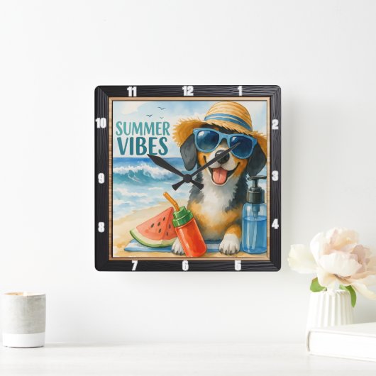 Summer Vibes Beach Dog Vierkante Klok (Huis)