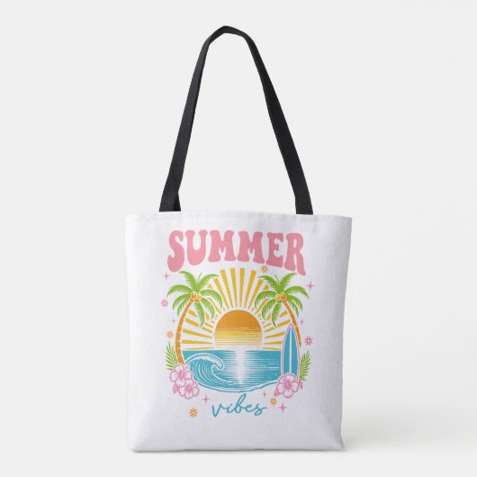"Summer Vibes" Cheerful Boho Beach Palm Trees Tote Bag (Achterkant)