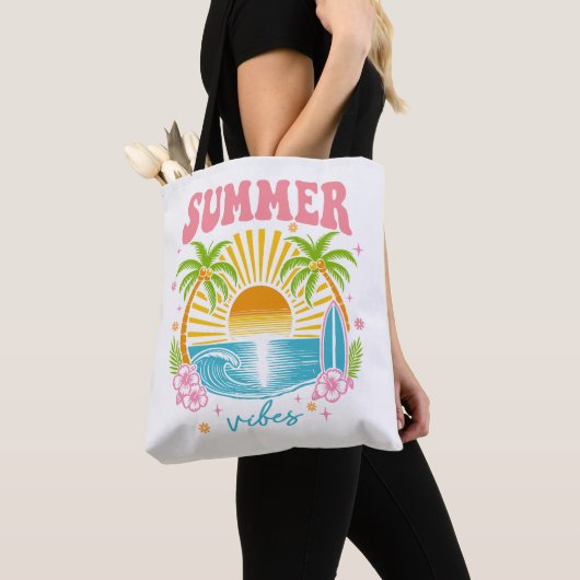"Summer Vibes" Cheerful Boho Beach Palm Trees Tote Bag (Dichtbij)