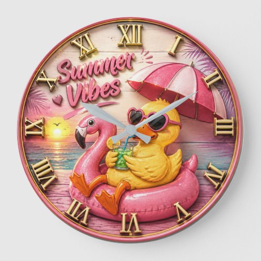 Summer Vibes Duck Cute Flamingo Pool Float Beach Grote Klok (Voorkant)