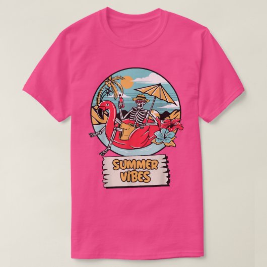 Summer Vibes Funny Skeleton Flamingo Beach T-shirt (Design voorkant)