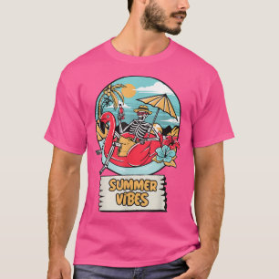 Summer Vibes Funny Skeleton Flamingo Beach T-shirt