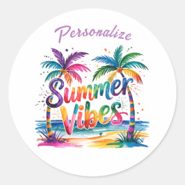 Summer Vibes Kleurrijke Palmbomen Ocean Personaliz Ronde Sticker