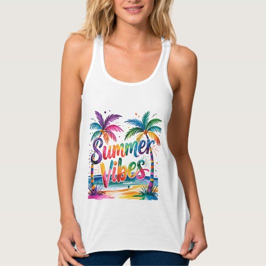 Summer Vibes Kleurrijke Palmbomen Ocean Personaliz Tanktop (Voorkant)