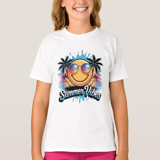 Summer Vibes Neon Smiley Face Kleurrijke Trendy T-shirt (Voorkant)