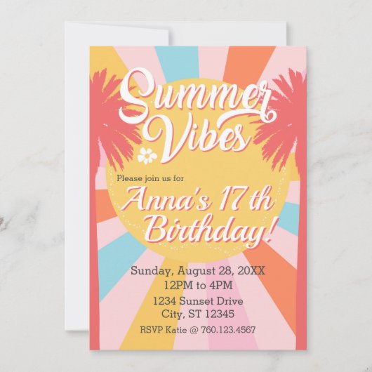 Summer Vibes Palm Birthday Invitation Kaart (Voorkant)