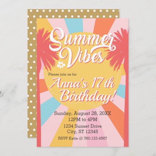 Summer Vibes Palm Birthday Invitation Kaart (Voorkant / Achterkant)