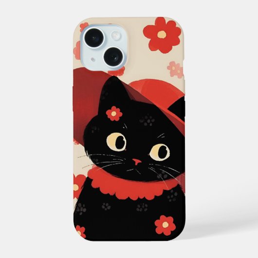 Summer Vibes Personalized Cute Floral Black Cat iPhone 15 Case (Achterkant)