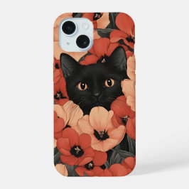 Summer Vibes Personalized Cute Floral Black Cat iPhone 15 Case