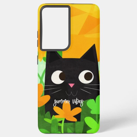 Summer Vibes Personalized Floral Black Cat Samsung Galaxy Hoesje (Achterkant)
