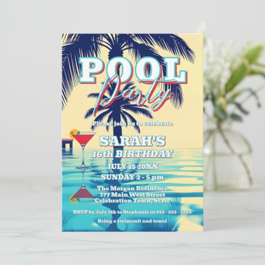 Summer Vibes Pool Party met palmbomen en cocktail Kaart (Staand voorkant)