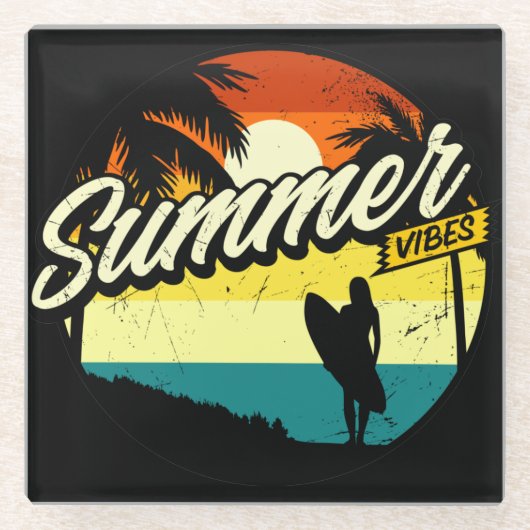 Summer Vibes Retro Silhouette Glazen Onderzetter (Voorkant)